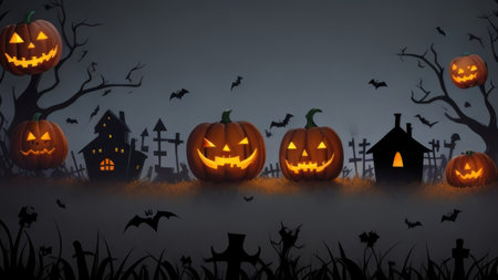 Halloween background with pumpkins and houses, 3d render illustrationの素材