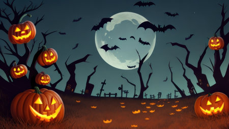 Halloween background with pumpkins, bats and trees. Vector illustration.の素材