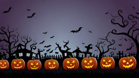 Halloween background with pumpkins on cemetery and bats. Vector illustration.の素材