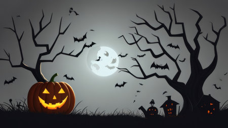 Halloween background with pumpkins, bats and trees. Vector illustration.の素材