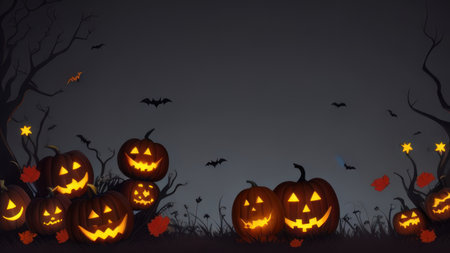 Halloween background with scary pumpkins and bats. Vector illustration.の素材