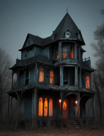 Abandoned house in the forest at night. Halloween concept.の素材