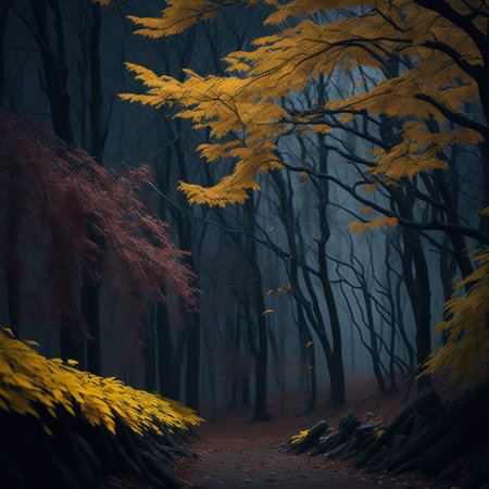 Mysterious dark forest with fog and fallen yellow leaves, 3d renderの素材
