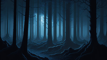 Dark spooky halloween forest with glowing tree trunks. 3d renderingの素材
