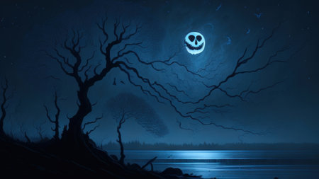 Halloween background with scary tree, moon and skull. 3d renderingの素材