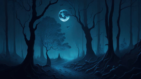 Spooky spooky halloween background with full moon in dark forestの素材
