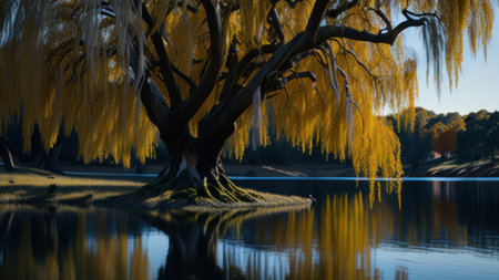 Willow tree with yellow leaves reflected in a lake at sunset.の素材