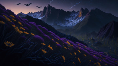 Fantasy landscape with mountains and a path. 3D illustrations.の素材