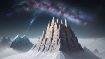 Fantasy landscape with mountains and nebula. 3D illustrations.の素材