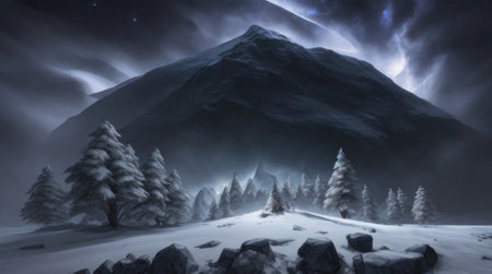Fantasy landscape with snowy mountains and coniferous forest at night.の素材