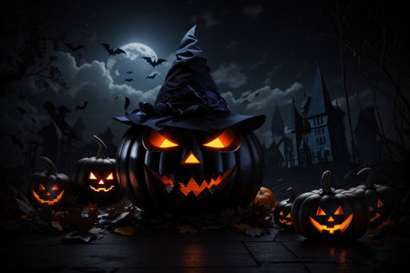 Halloween pumpkins with witch hat on dark background. 3D renderingの素材