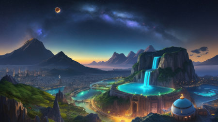 Fantasy alien planet. Mountain and waterfalls. 3D illustrationsの素材