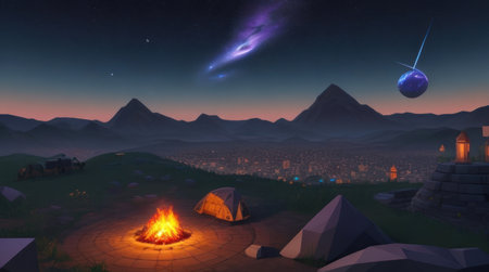 3D render of a fantasy landscape with a bonfire and a tentの素材