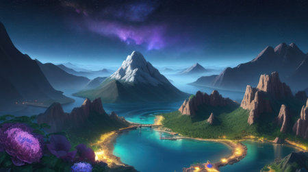 Fantasy alien planets. Mountain and lake. 3D illustration.の素材