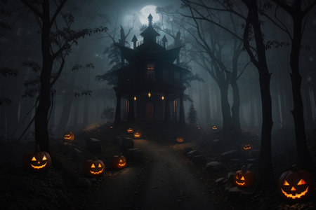 Scary halloween background with pumpkins in foggy forestの素材