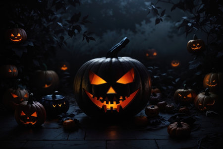 Halloween pumpkins on dark background. Spooky halloween conceptの素材