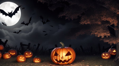 Halloween pumpkins and bats in graveyard at night 3d renderの素材
