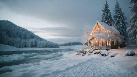 Beautiful winter landscape with wooden house on the bank of the riverの素材