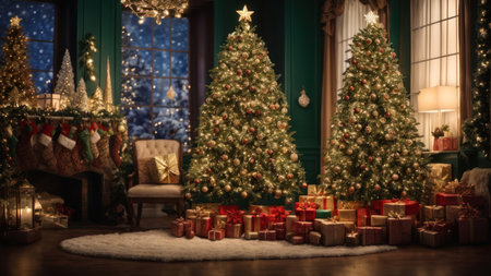 Beautiful Christmas living room with a fireplace, a Christmas tree and gifts.の素材