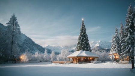 Beautiful winter landscape with snow covered trees and wooden house in mountainsの素材