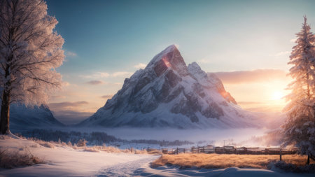 Beautiful winter landscape in the mountains. Sunrise in the mountains.の素材