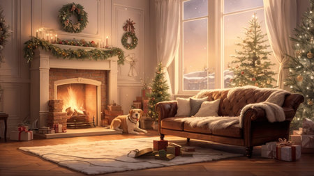 Christmas interior with fireplace, Christmas tree and gifts. 3d renderの素材