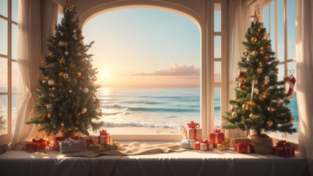 Christmas tree on the window overlooking the sea at sunset. Holiday conceptの素材