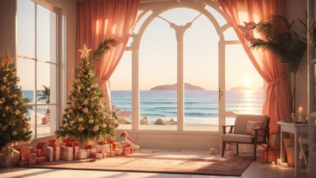 Christmas tree on the window overlooking the sea. 3d rendering.の素材