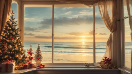 Window overlooking the sea at sunset. Christmas and New Year concept.の素材
