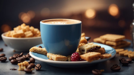 Cup of coffee and cookies on a dark background with bokehの素材