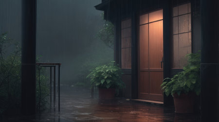 Foggy entrance to the old house in the evening, 3d renderの素材