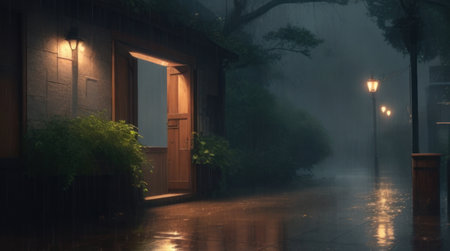 Old wooden house in the misty city at night, 3d renderの素材