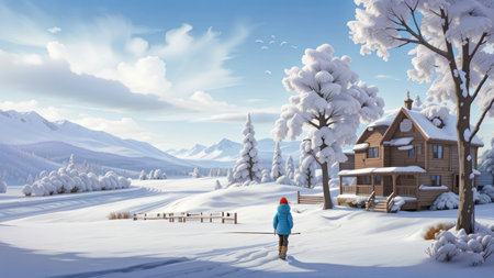 Beautiful winter landscape with a woman in a blue jacket standing in front of a wooden house.の素材