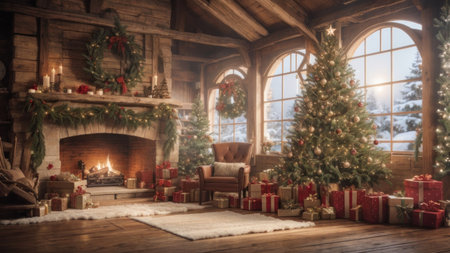 Christmas living room with fireplace, christmas tree and presents on wooden floorの素材