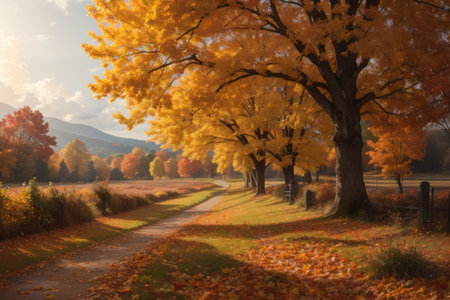 Autumn landscape with trees and road in the mountains. Beautiful nature background.の素材