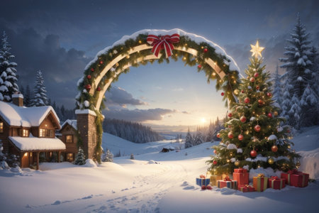 Winter landscape with a Christmas tree, gifts and a large arch.の素材