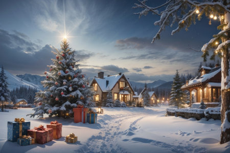 Christmas and New Year background. Winter landscape with a small village.の素材