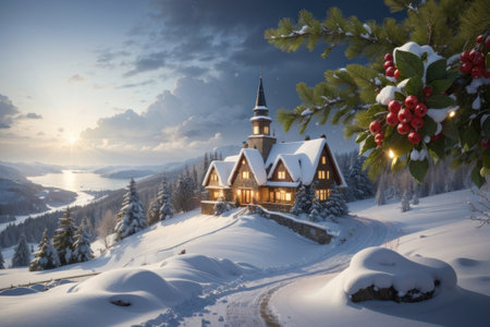 Christmas and New Year background. Winter landscape with a small village.の素材
