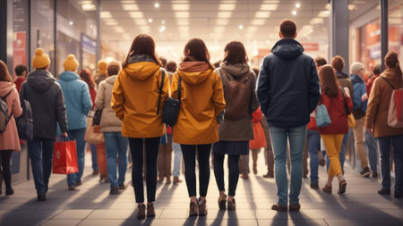 Group of people walking in shopping mall. Rear view. Blurred background.の素材