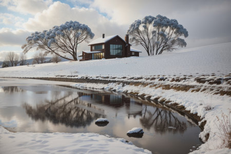 Beautiful winter landscape with house on the bank of the river.の素材