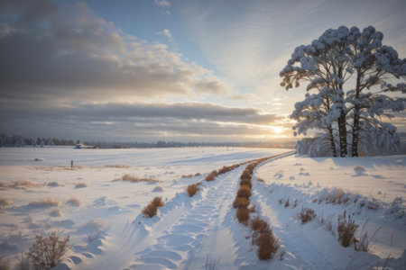 Beautiful winter landscape with snow covered fields and trees at sunset.の素材