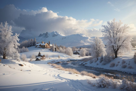 Winter mountain landscape with snow covered trees and meadows at sunset.の素材