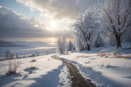 Winter mountain landscape with snow covered trees and meadows at sunset.の素材
