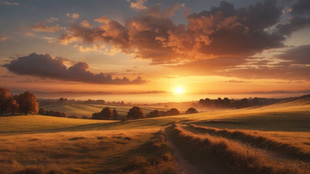 Sunset over a field with a path in the foreground and clouds in the skyの素材
