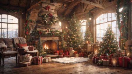 Christmas living room with fireplace, christmas tree and presents on wooden floorの素材