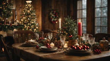 Christmas table setting with burning candles and Christmas decorations in rustic styleの素材