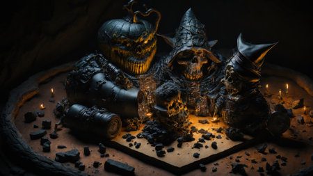 Halloween concept. Jack o lanterns, pumpkins and candles on dark background. Selective focusの素材