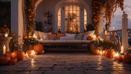 Halloween decorations with pumpkins and candles on the terrace, in the eveningの素材