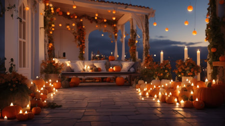 Halloween decorations on the terrace of the house with candles.の素材