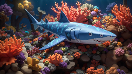 3d render of a shark swimming in the ocean with coralsの素材